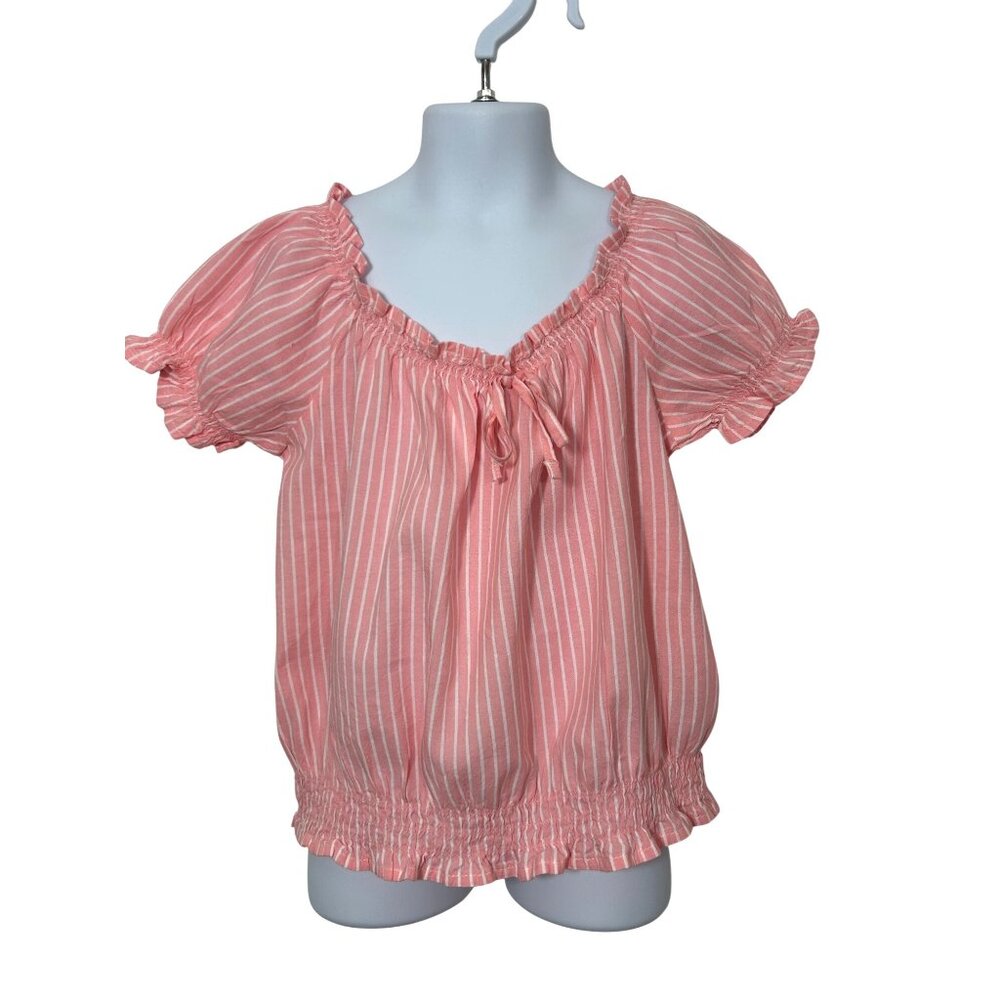 Old Navy Girls’ Pink White Striped Top M 8 Short Sleeve Smocked Ruffle Casual